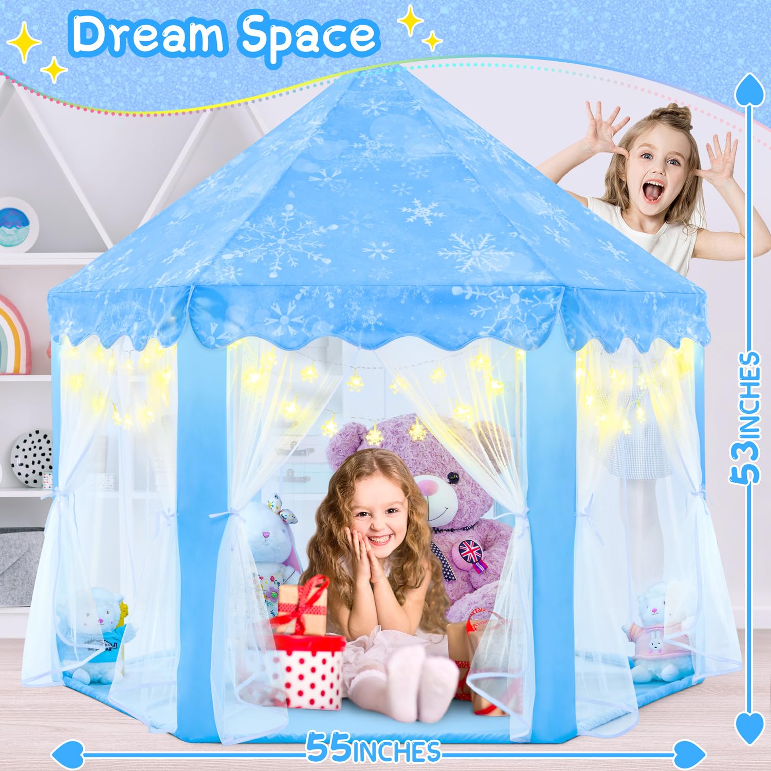 EVOIONOS Blue princess tent interior provides cozy space for daily games.