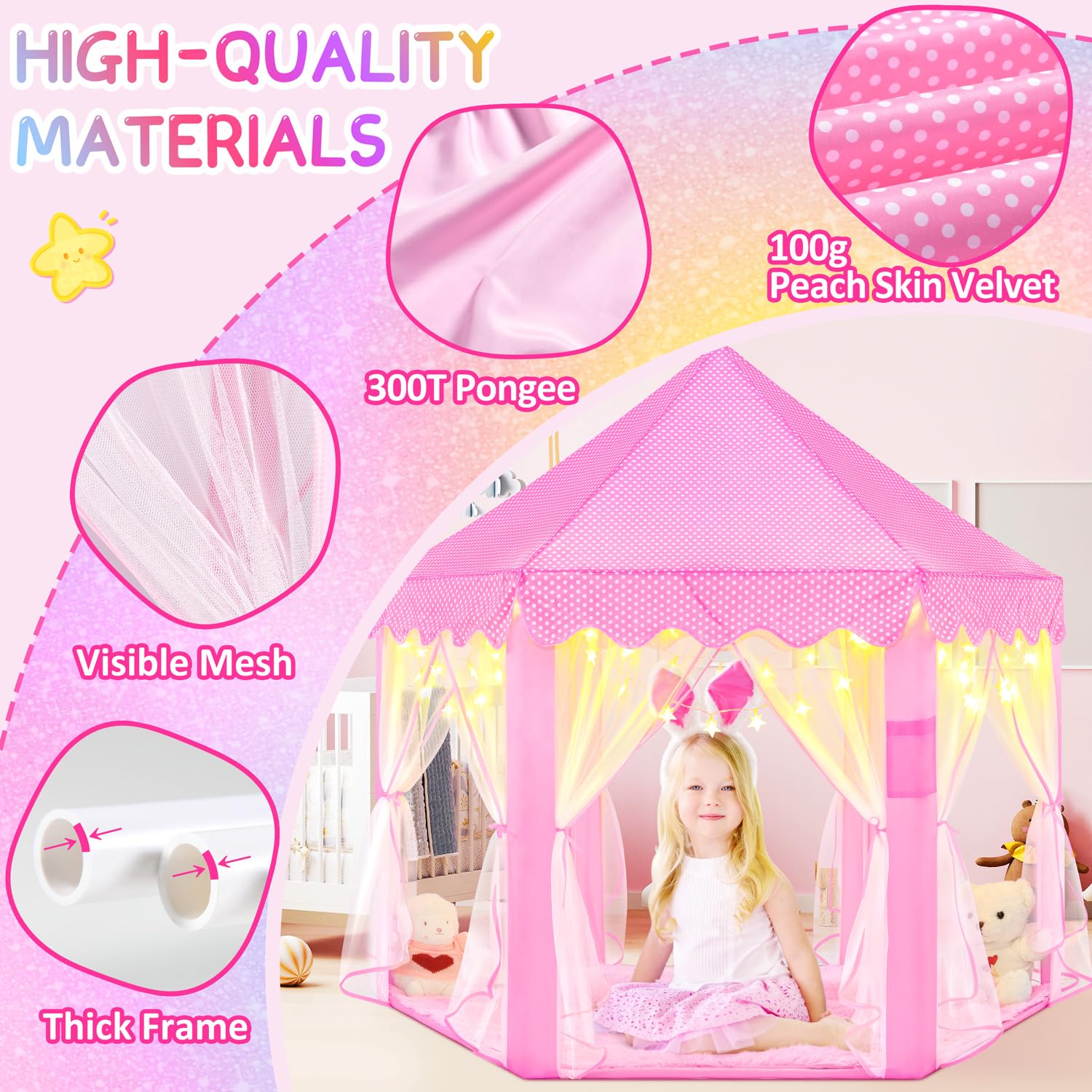 EVOIONOS Princess Tent in pink velvet fabric feels soft and comfy.