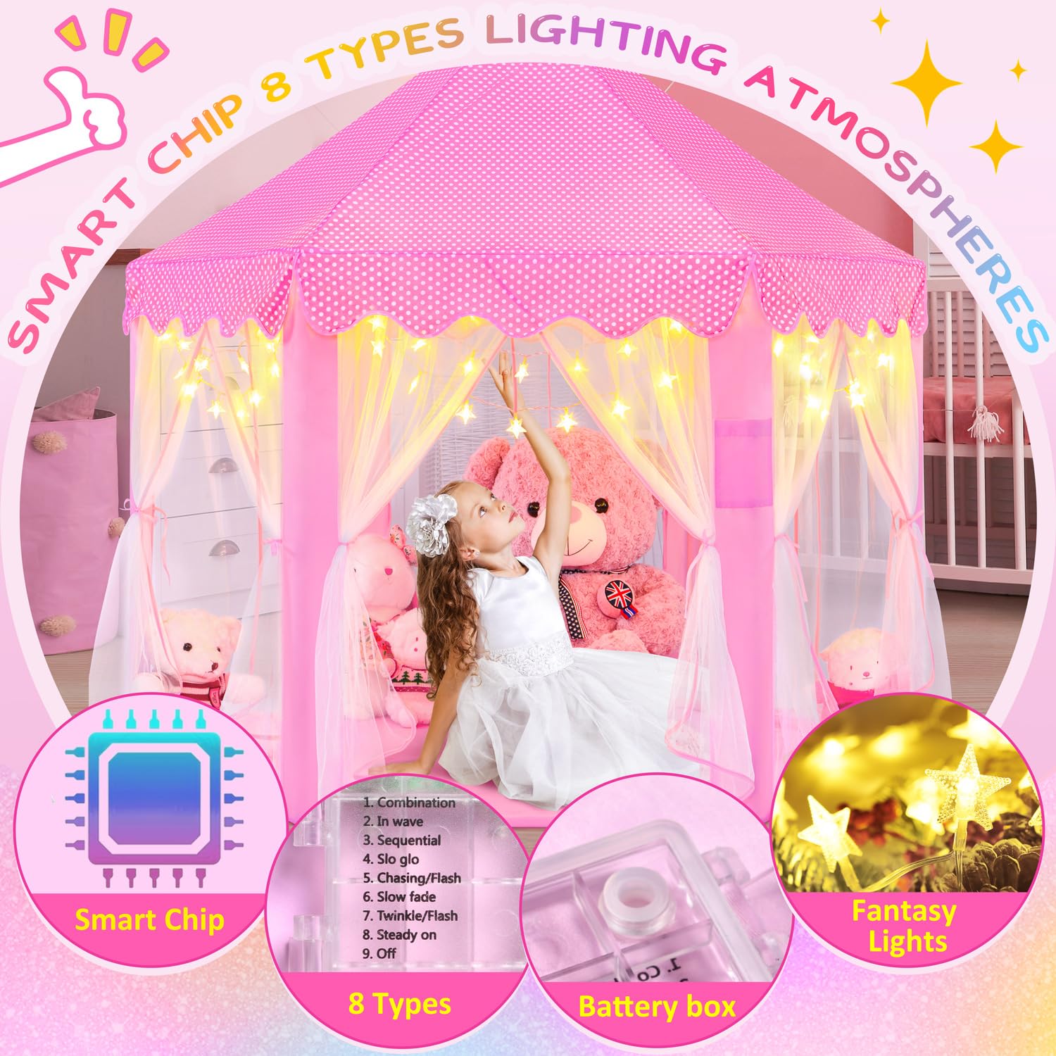 EVOIONOS Princess Tent measures 55 by 53 inches for space.