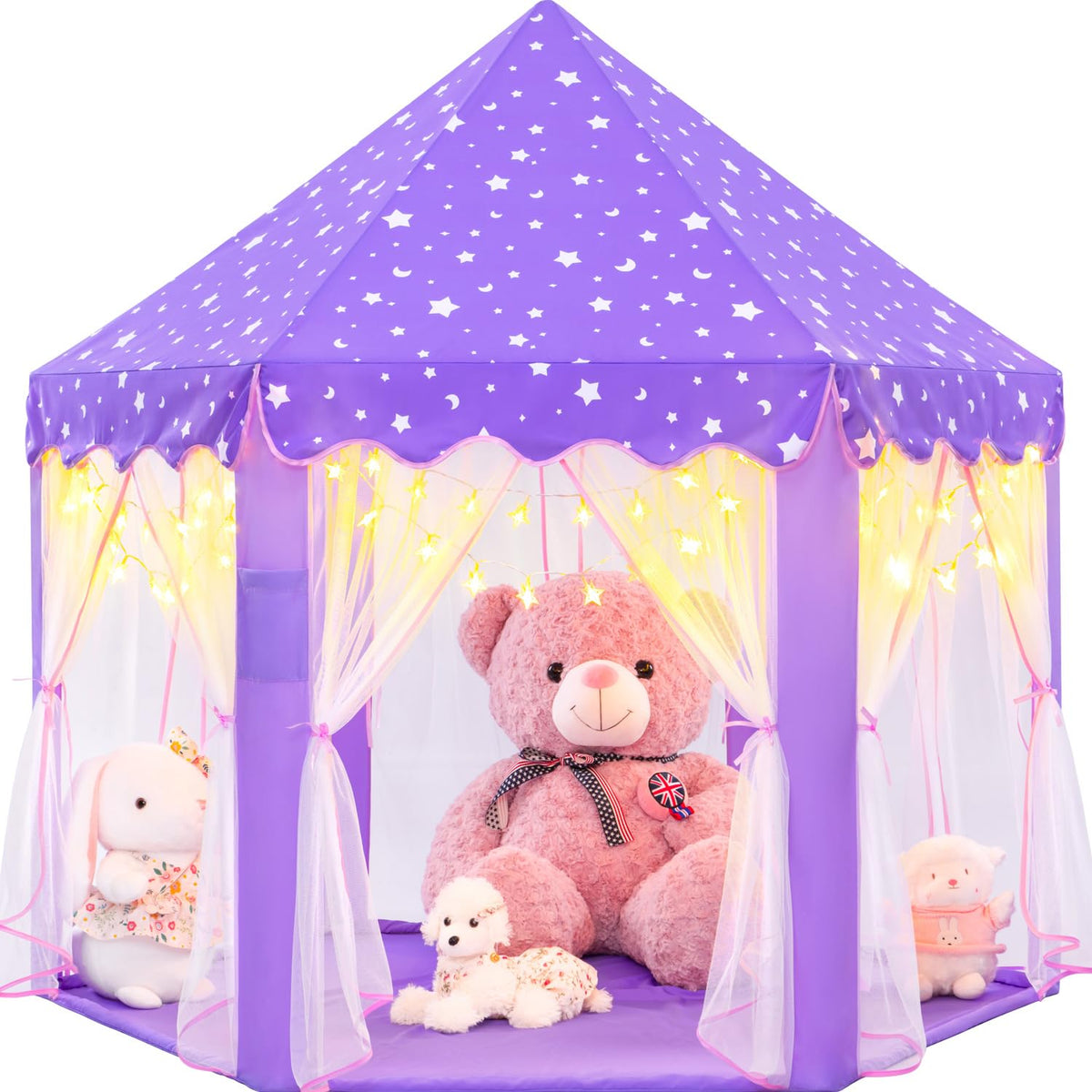 EVOIONOS Purple Princess Tent with star lights creates a magical play space for imaginative fun
