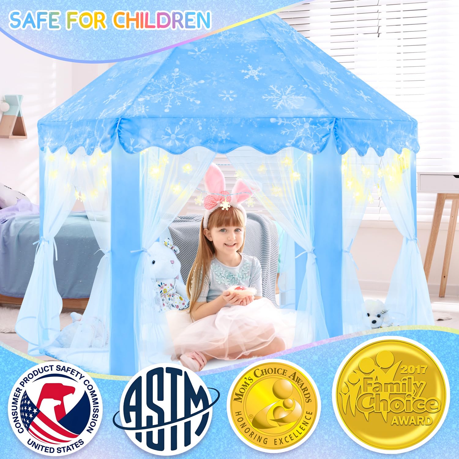 EVOIONOS Snowflake lights highlight the tent, creating magical ambiance for indoor adventures.