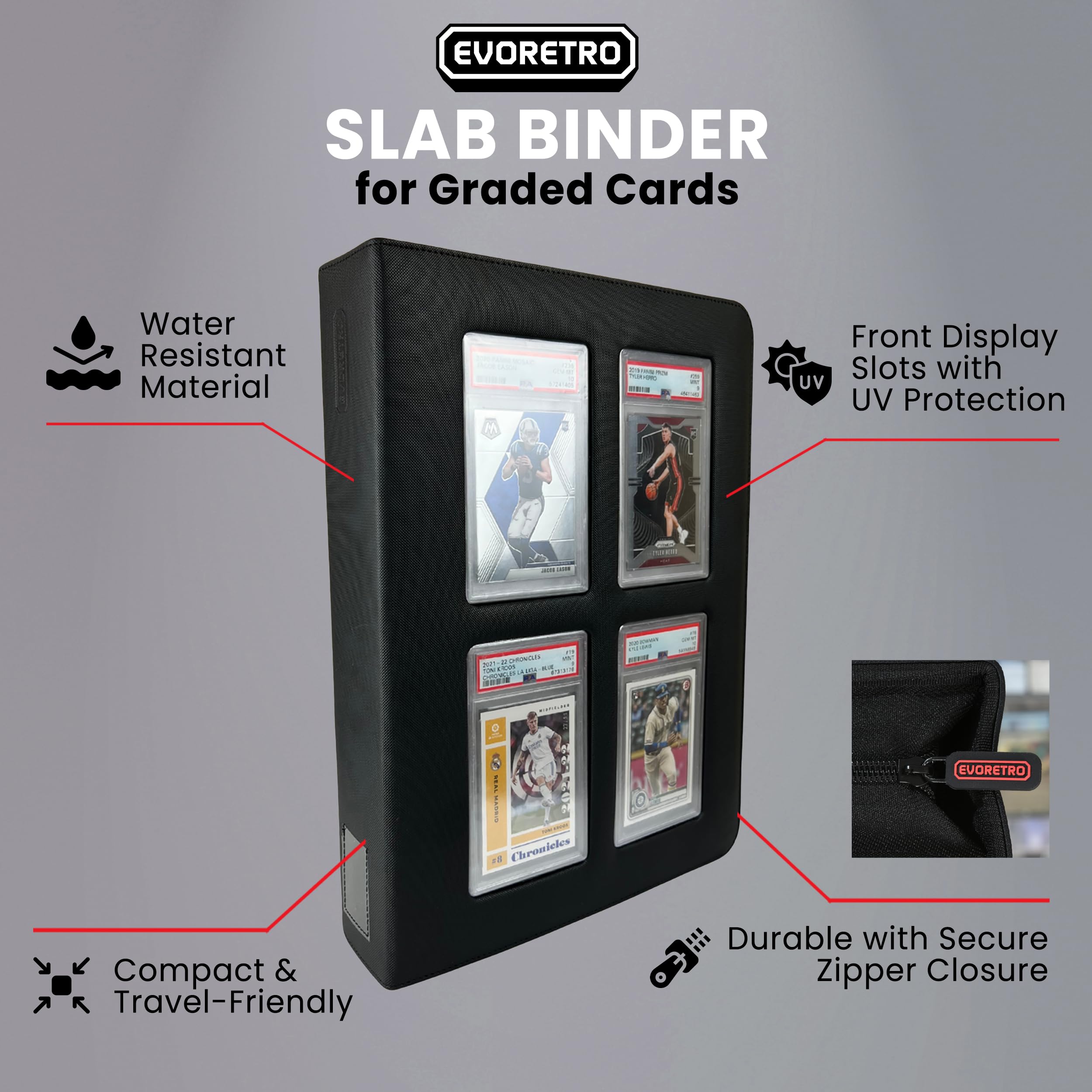 Black zip binder keeps top-loaders secure for travel.