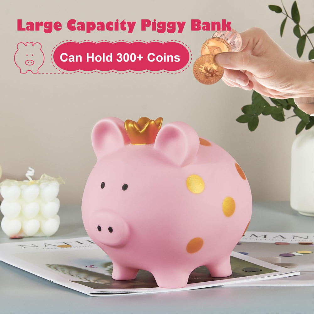 EVTHSU pink piggy bank on bookshelf shows decor-friendly design.