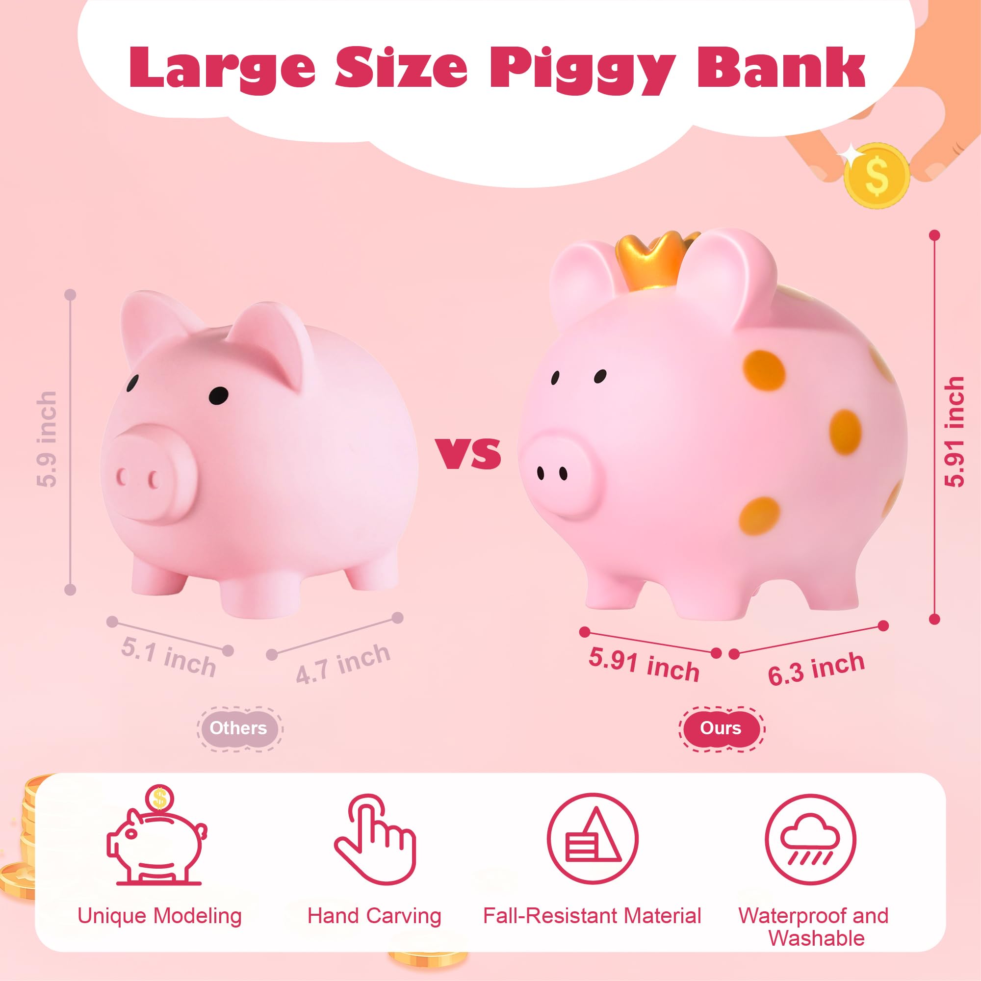 EVTHSU bottom-access coin retrieval on pink crown piggy bank.