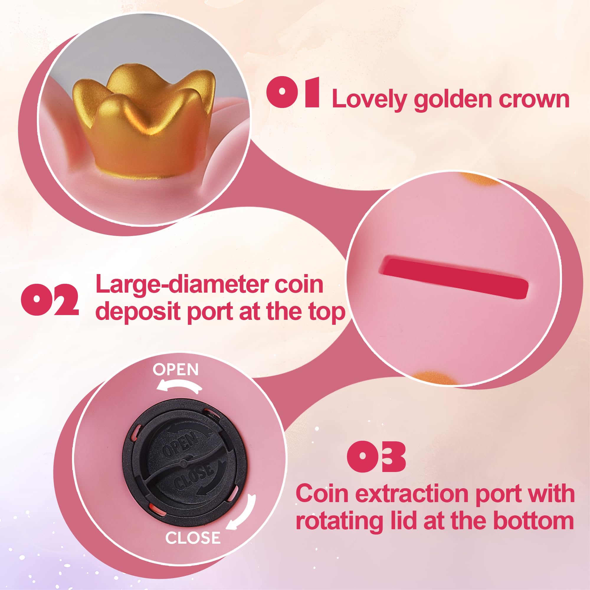 EVTHSU pink piggy bank crown detail with golden accents for kid appeal.