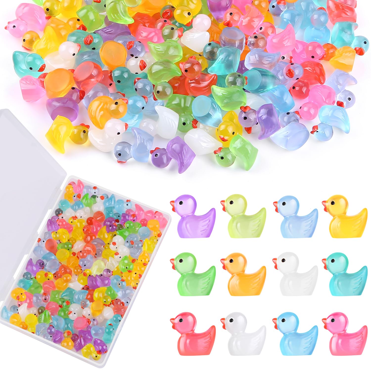 Ewadoo 60-pack luminous mini resin ducks in a clear container for easy storage