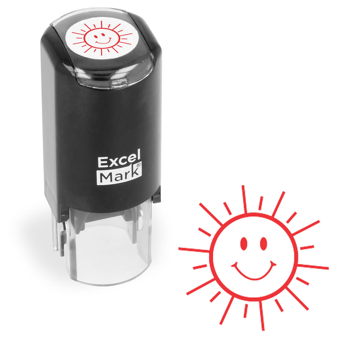 ExcelMark Happy Sun round stamp in red ink for classroom labeling.
