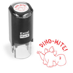 ExcelMark Round Teacher Stamp Dino-MITE in red ink with clear base for precise labeling.