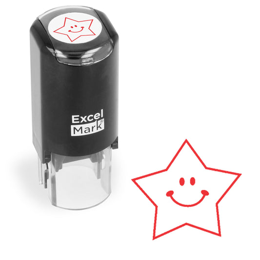 ExcelMark round Happy Star stamp in red ink for crisp classroom labeling.