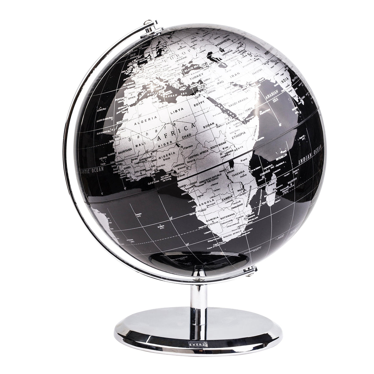 Exerz metallic black globe on arc base for a sleek desk display