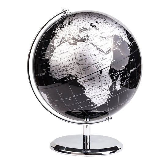 Exerz metallic black globe on arc base for a sleek desk display