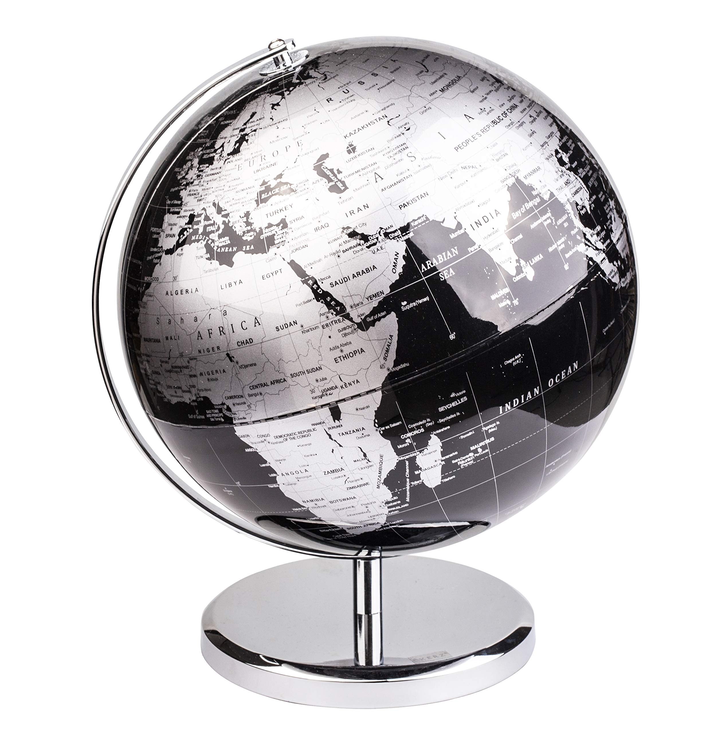 Exerz world globe 10-inch black on stainless steel stand for classroom learning