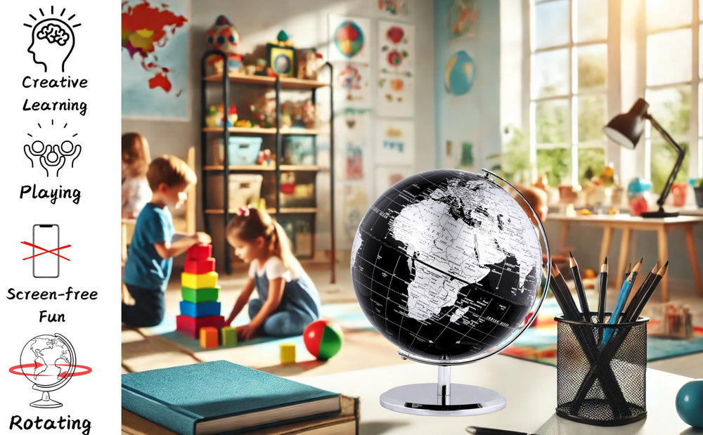 Exerz metallic-black globe on a stylish base suits desks