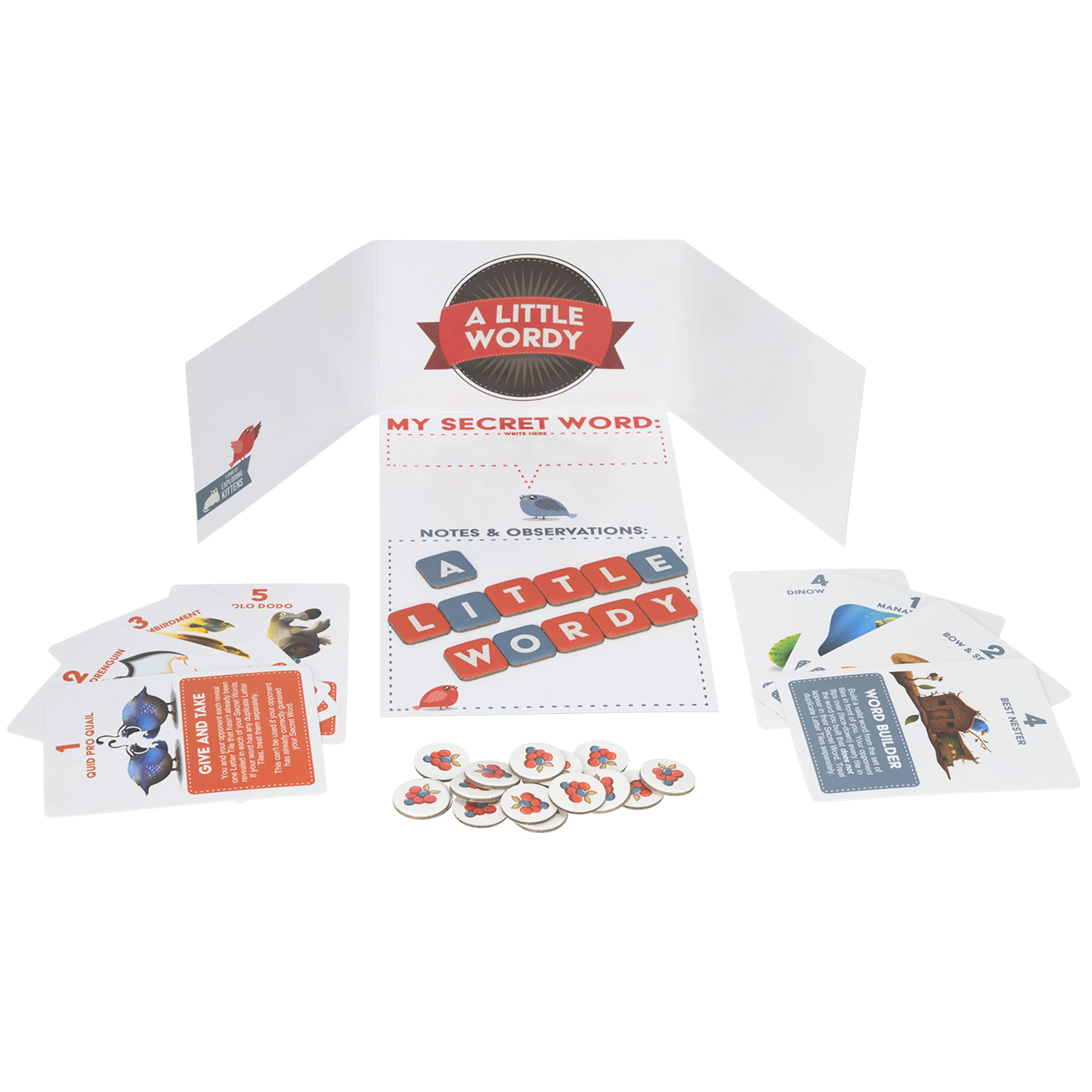 Exploding Kittens A Little Wordy cloth bags keep tiles secure.