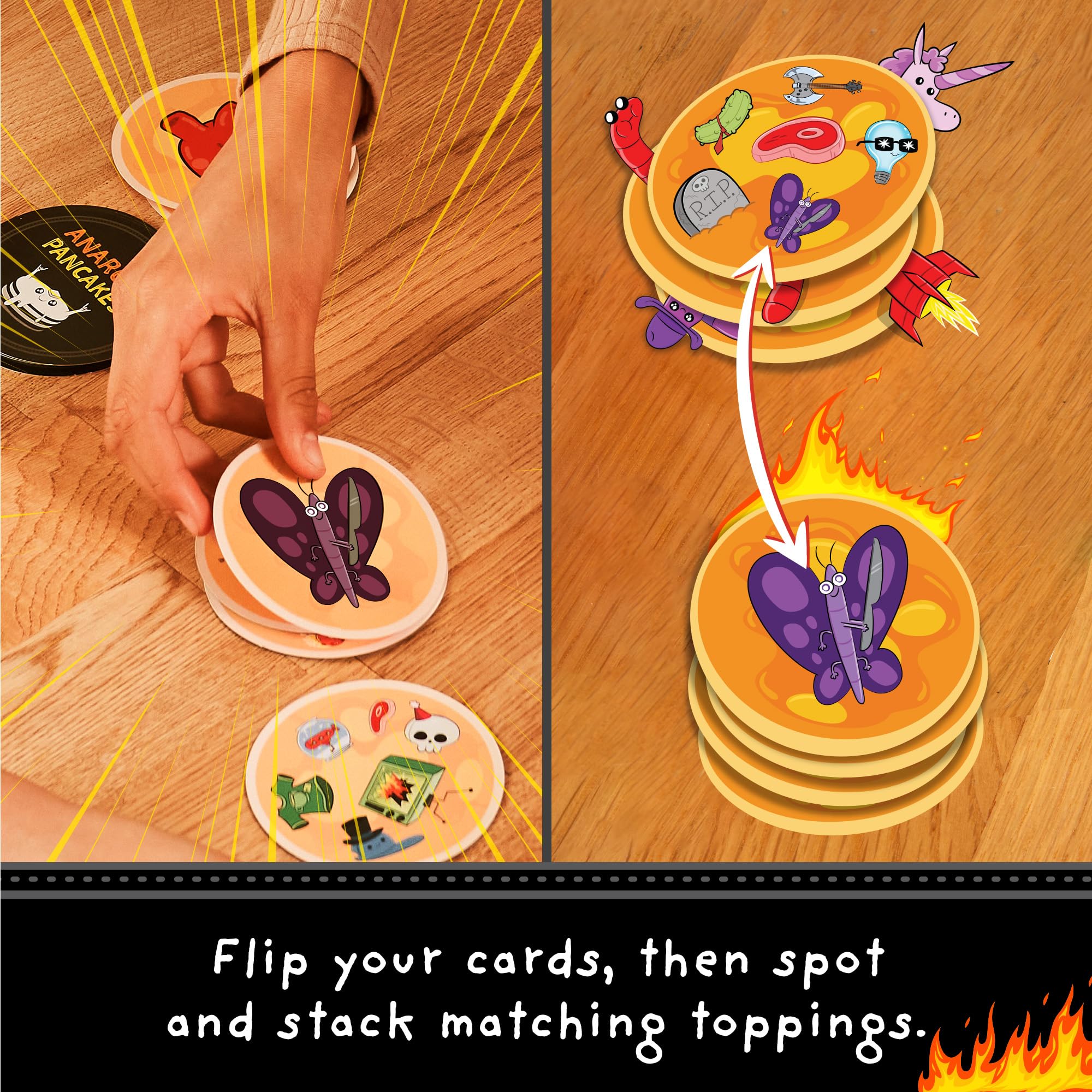 Exploding Kittens Anarchy Pancakes one-topping cards spark simple, speedy gameplay.
