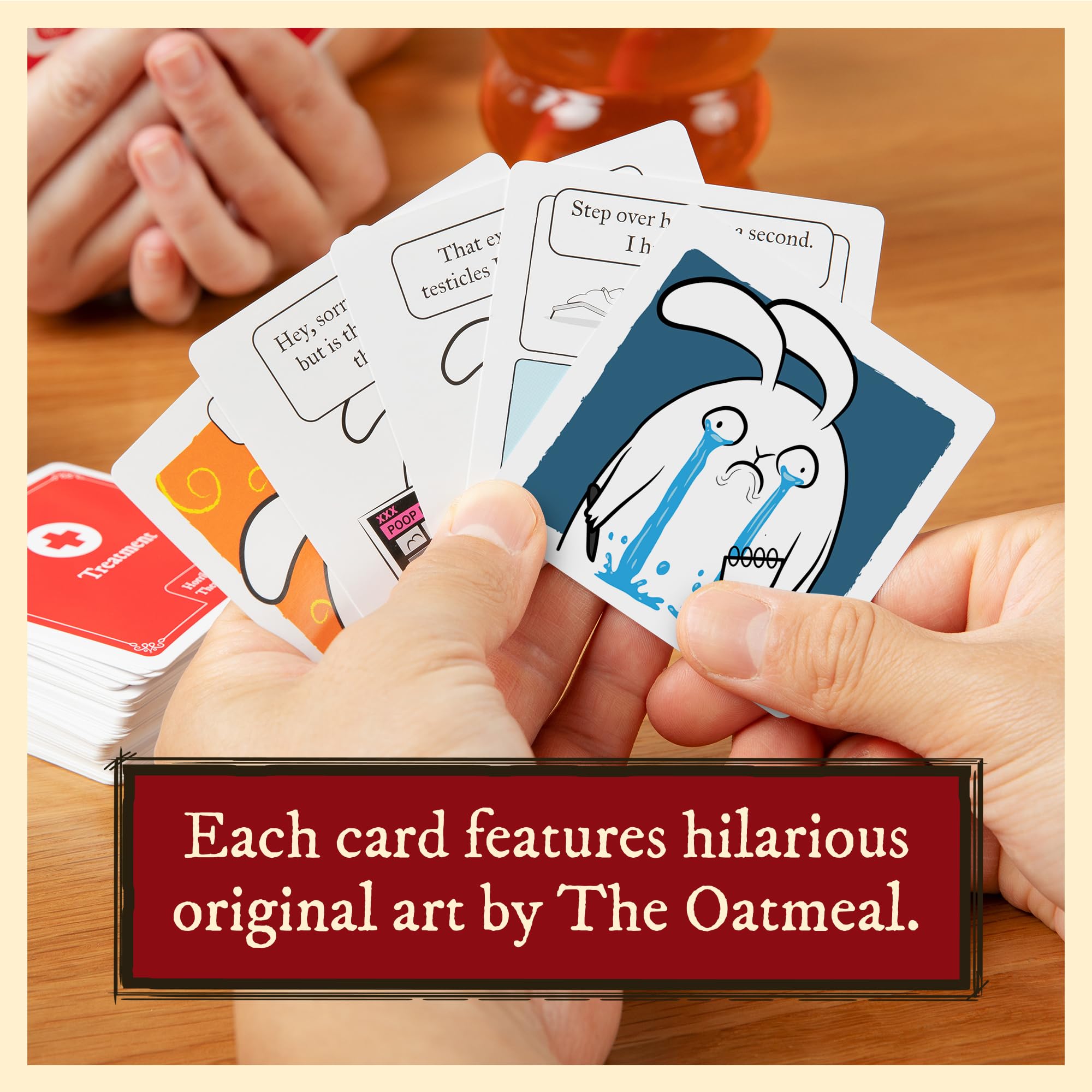 Treatment cards from Exploding Kittens Base Edition for playful storytelling.