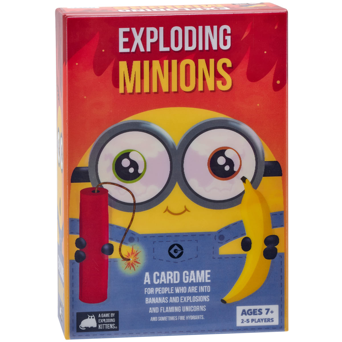 Exploding Minions box front showcases the brand and Minions theme for family game night.