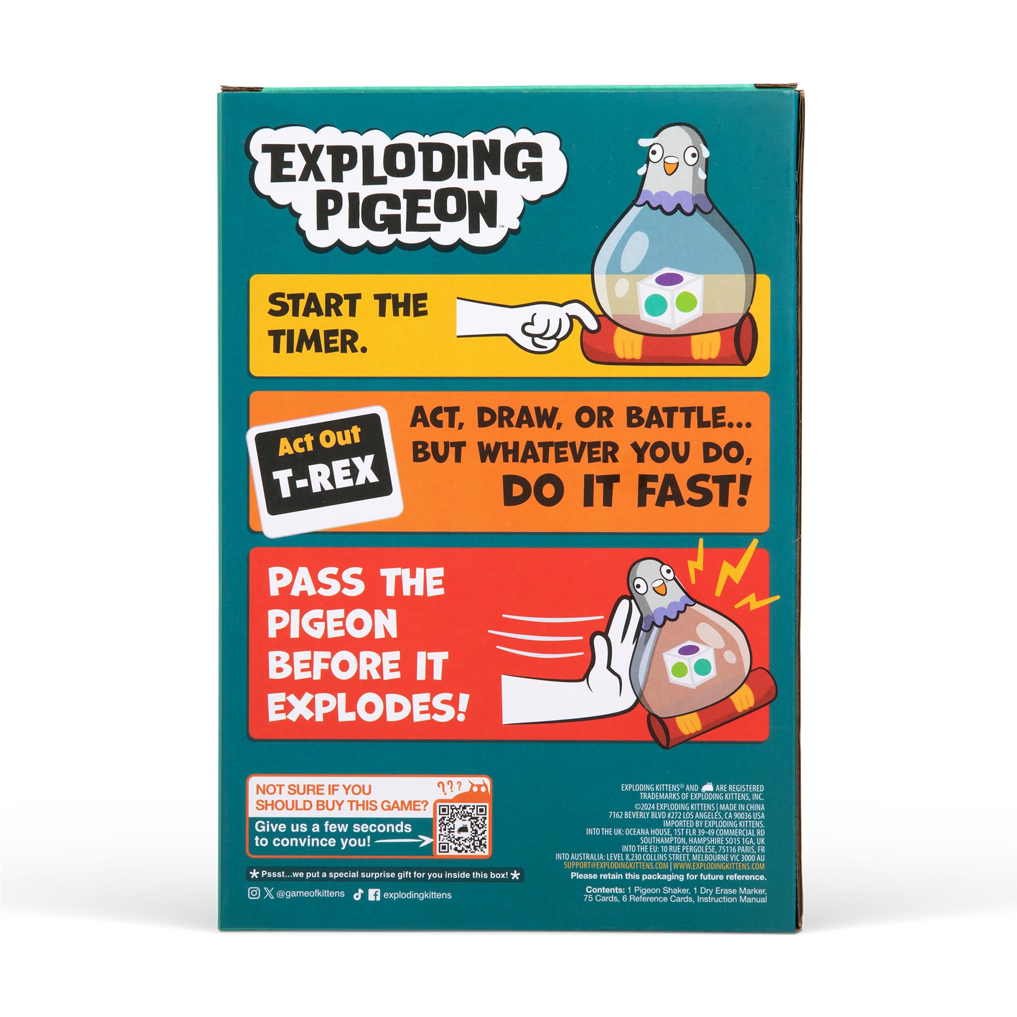 Exploding Pigeon action cards spread on the table for prompts.