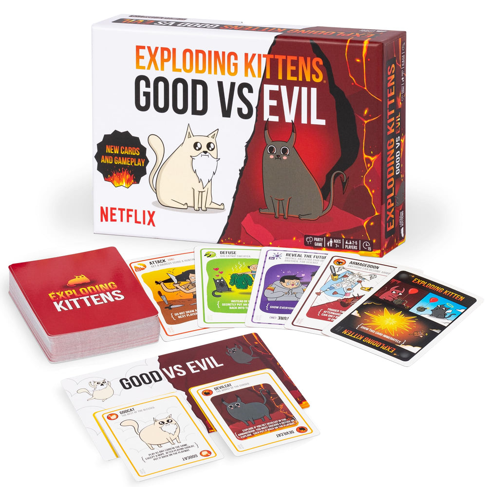 Exploding Kittens Good vs Evil playmat for epic divine battles during game night.