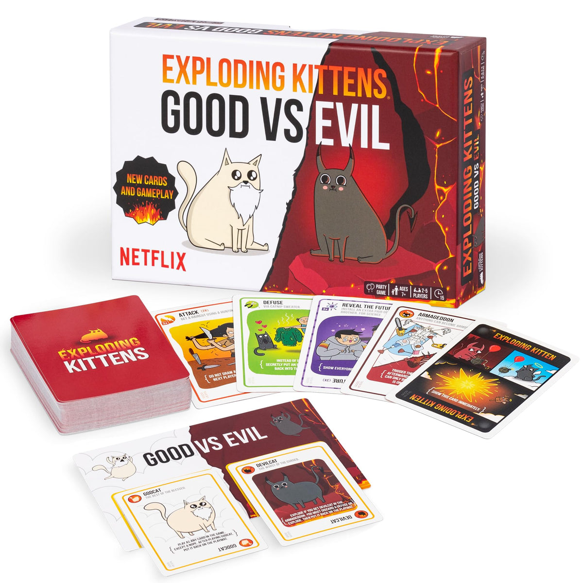 Exploding Kittens Good vs Evil playmat for epic divine battles during game night.