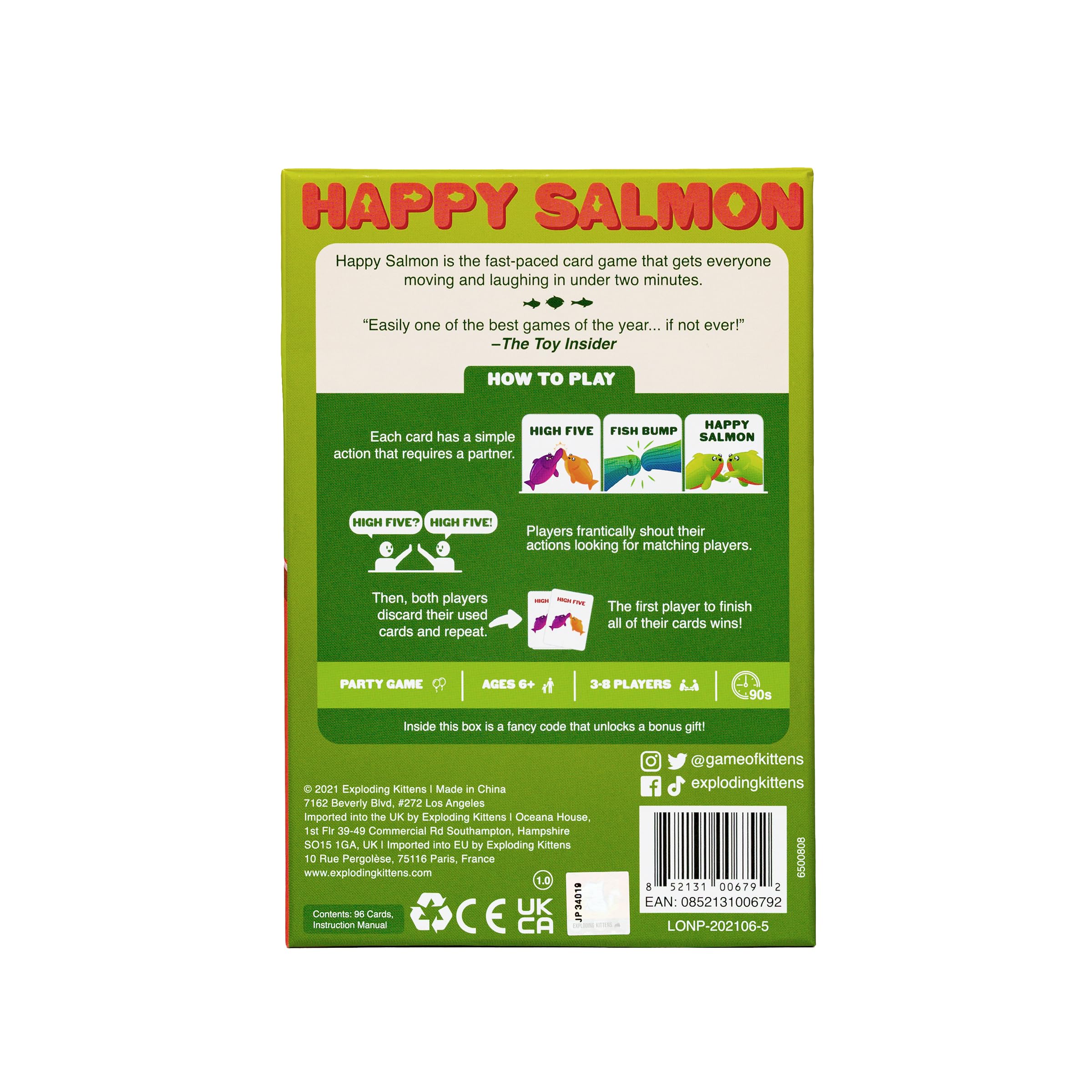 Action cards require shouting and matching for lively competition in Happy Salmon.