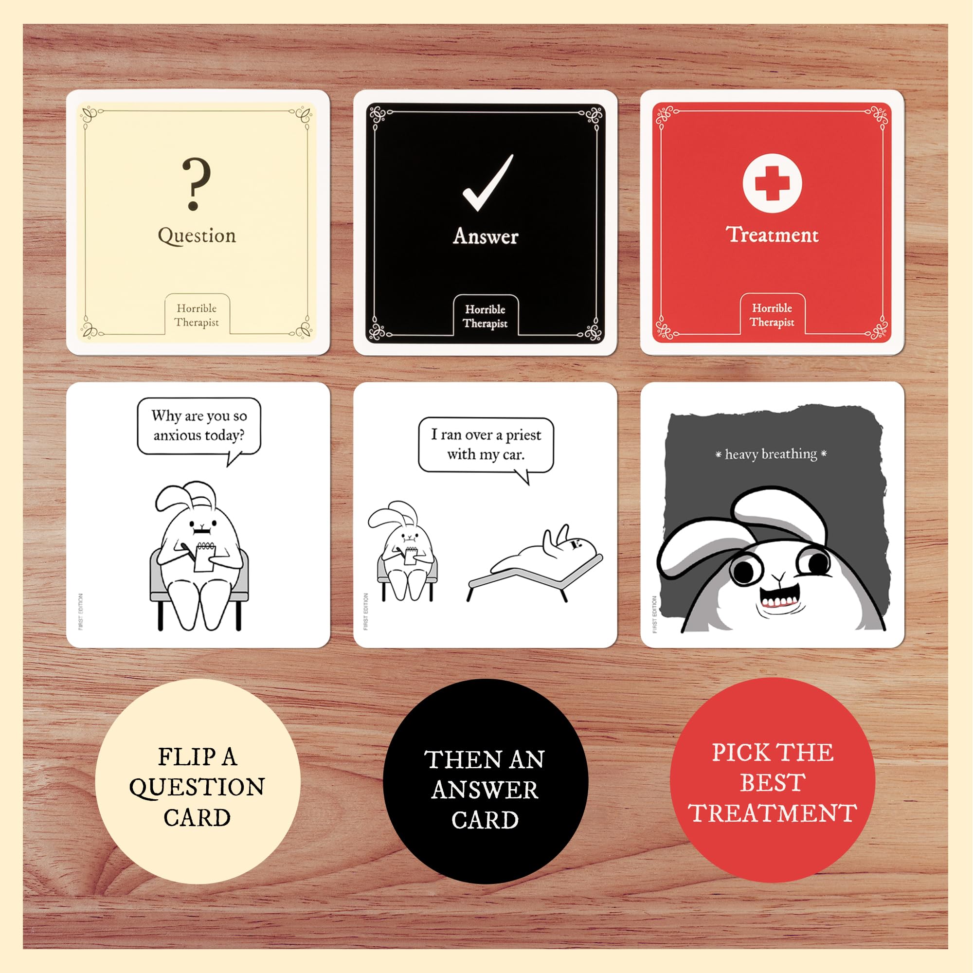 Exploding Kittens Horrible Therapist players laughing during a round.