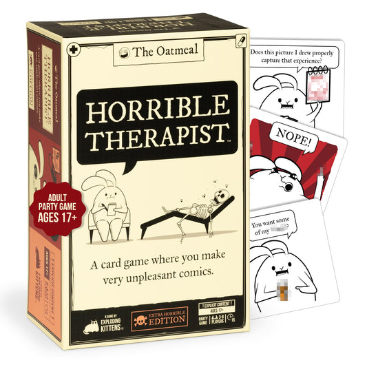 Exploding Kittens Horrible Therapist question card highlight for witty prompts.