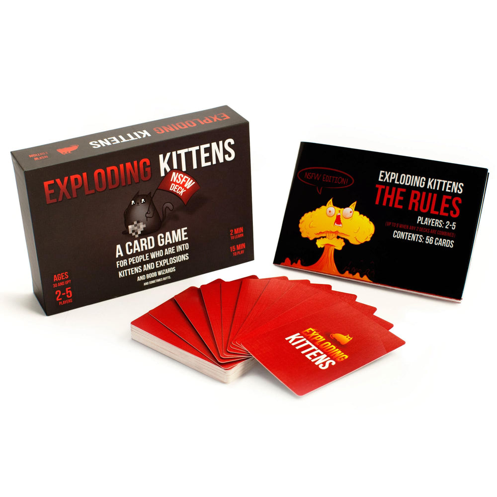 Exploding Kittens NSFW Edition artwork by The Oatmeal on cards, adding bold humor.