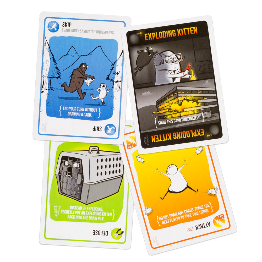 Exploding Kittens NSFW Edition players hold cards during a round, ideal for edgy party play.
