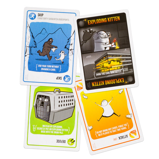 Exploding Kittens NSFW Edition players hold cards during a round, ideal for edgy party play.