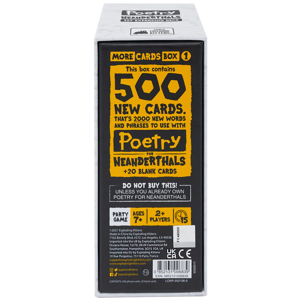 Exploding Kittens Poetry for Neanderthals expansion game-night scene highlights family fun.