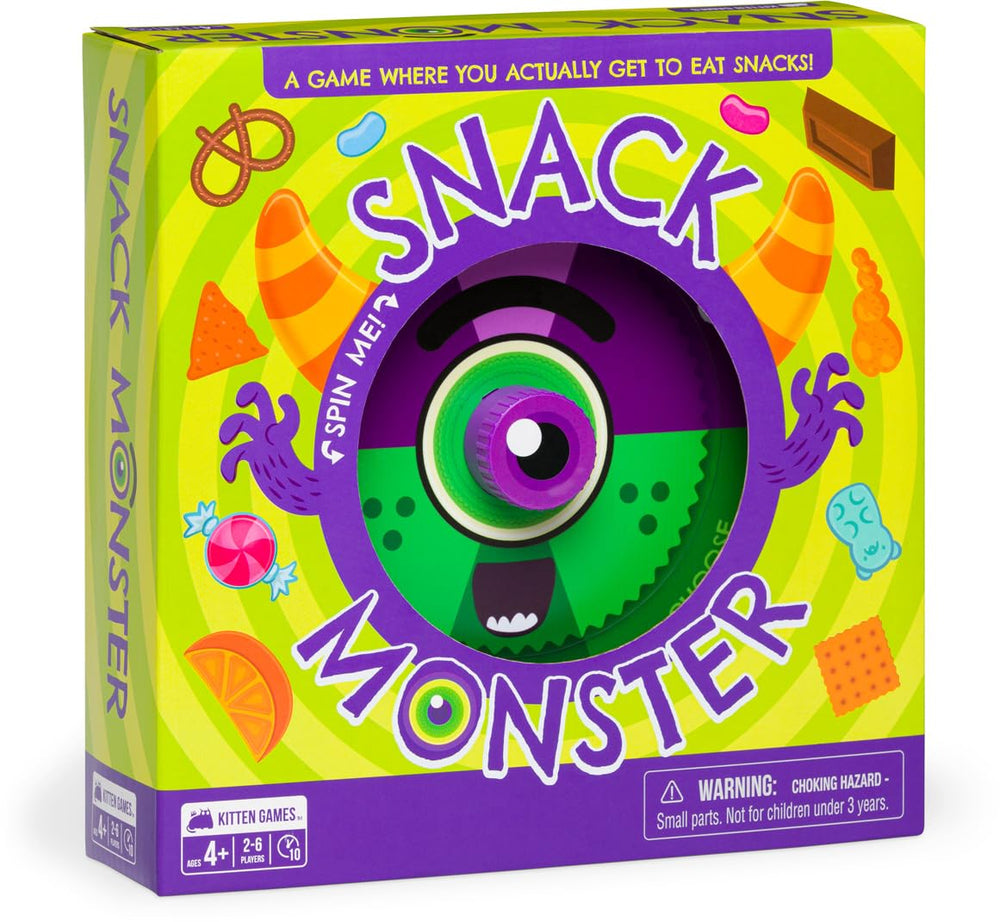 Exploding Kittens Snack Monster spinner in action, boosting quick thinking during family game night.