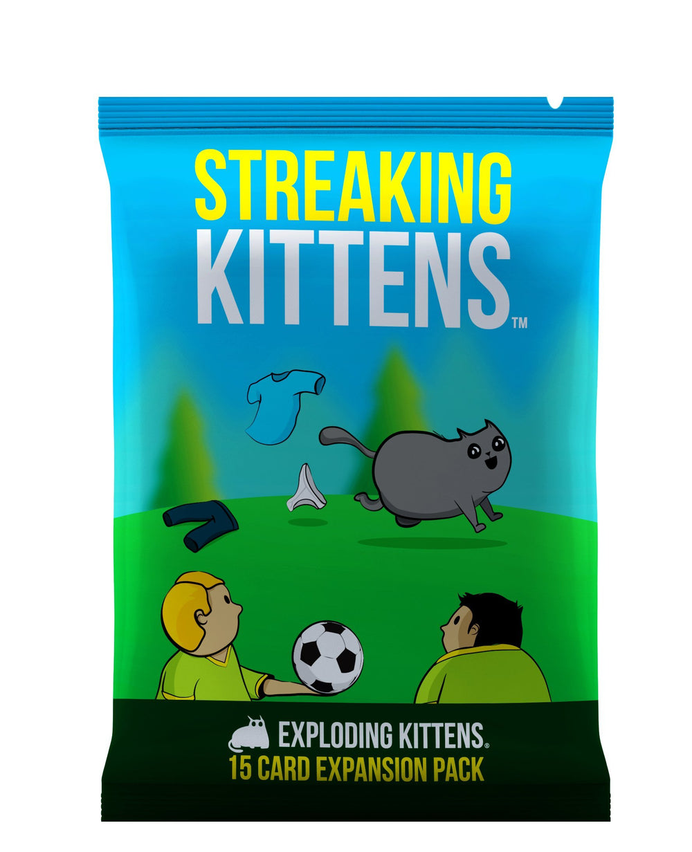 Exploding Kittens Streaking Kittens expansion image featuring 15 new action cards.