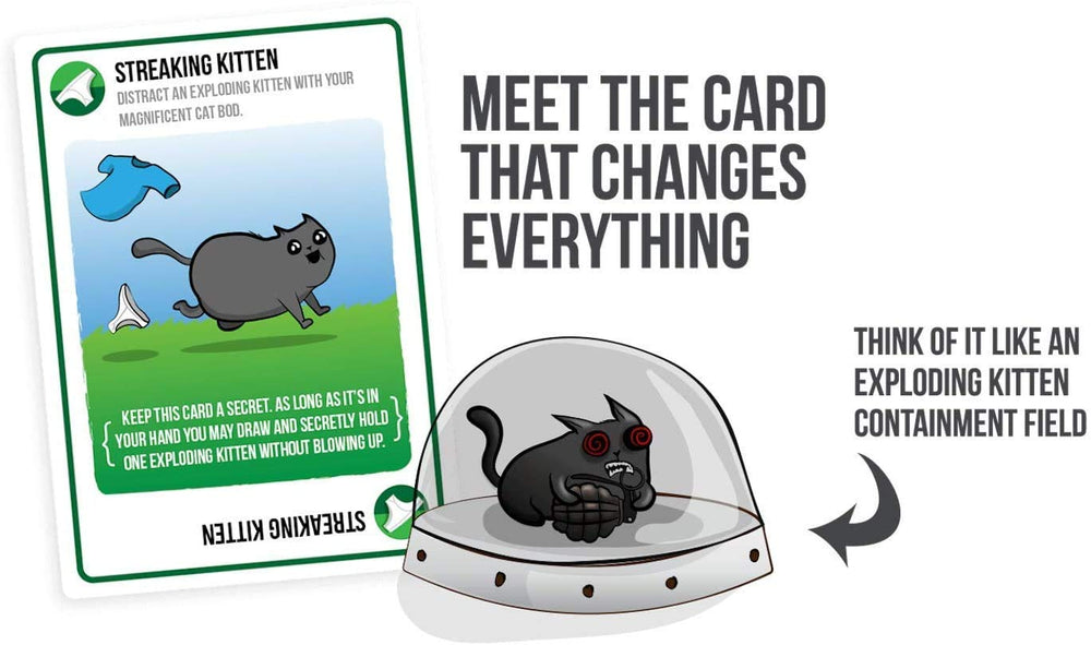 Packaged notes highlight compatibility with Exploding Kittens for easy setup.