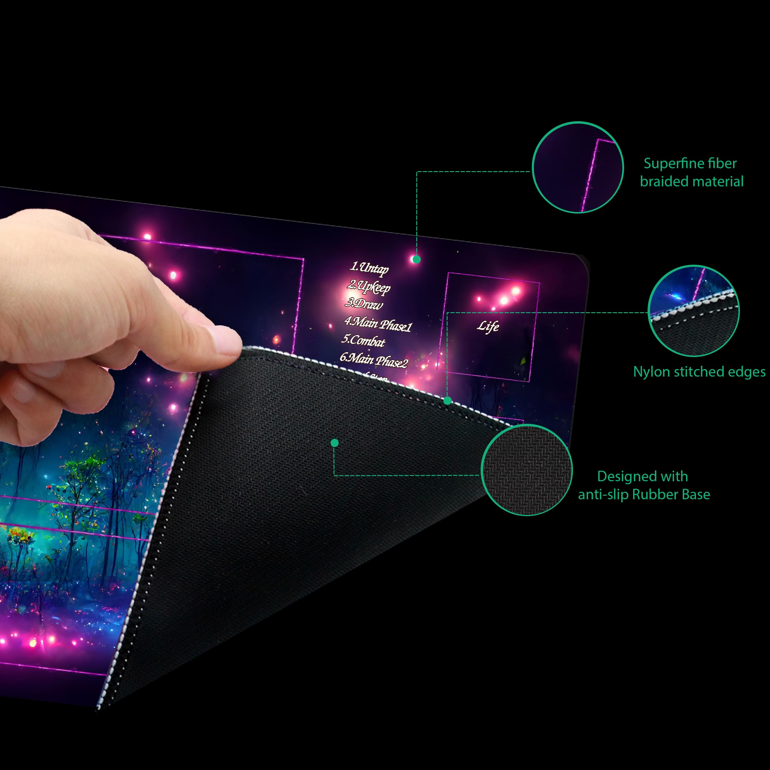 Extalas MTG Playmat non-slip base prevents slippage during intense matches.