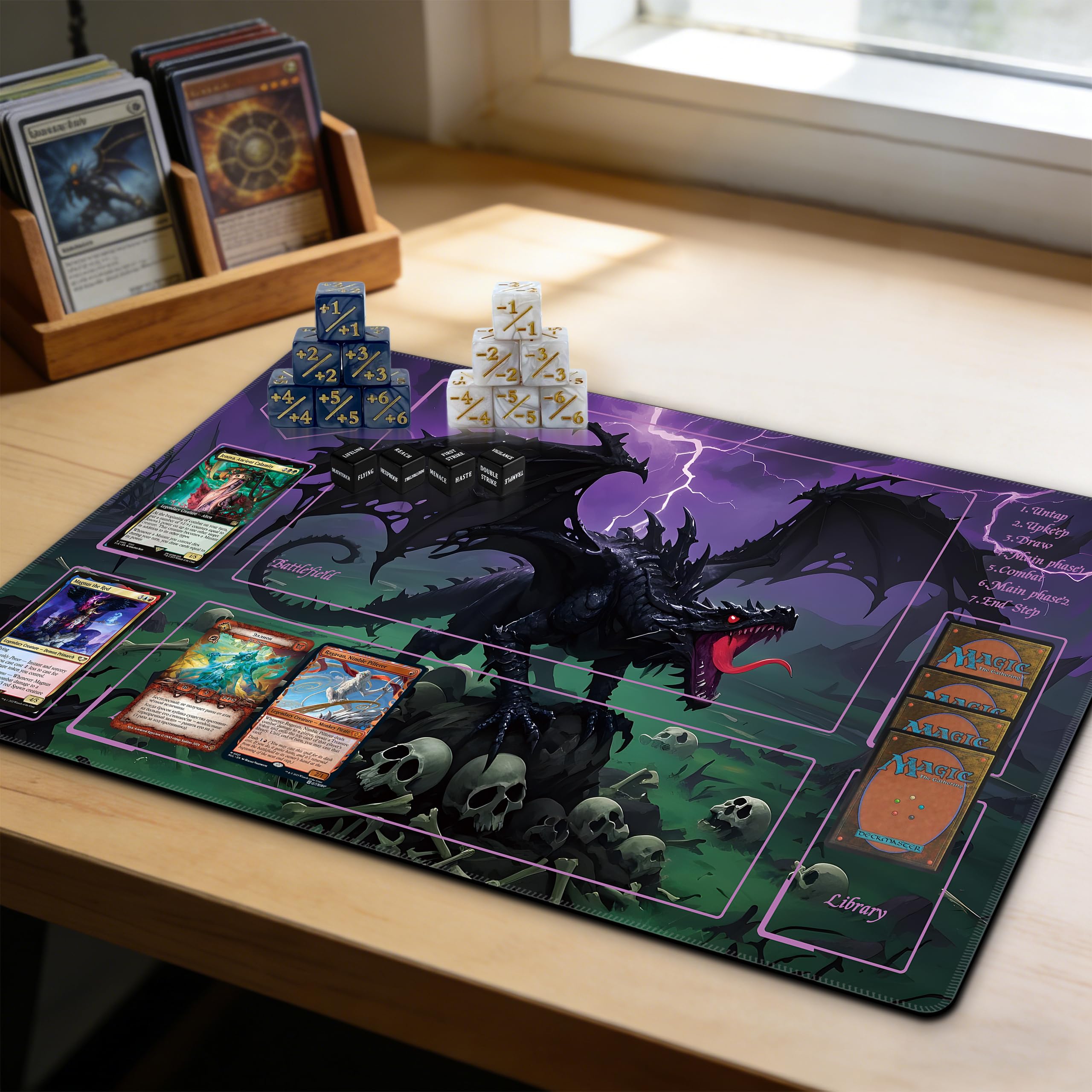 Extalas MTG Playmat on table setup illustrating home or travel use