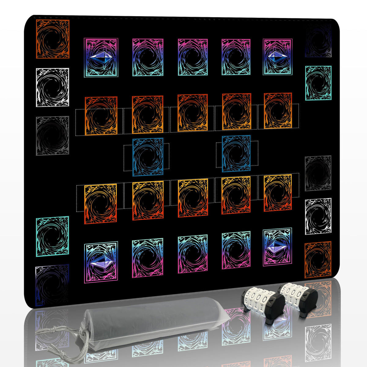 Extalas stitched Yu-Gi-Oh playmat with two-player layout for organized duels.