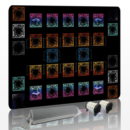 Extalas stitched Yu-Gi-Oh playmat with two-player layout for organized duels.