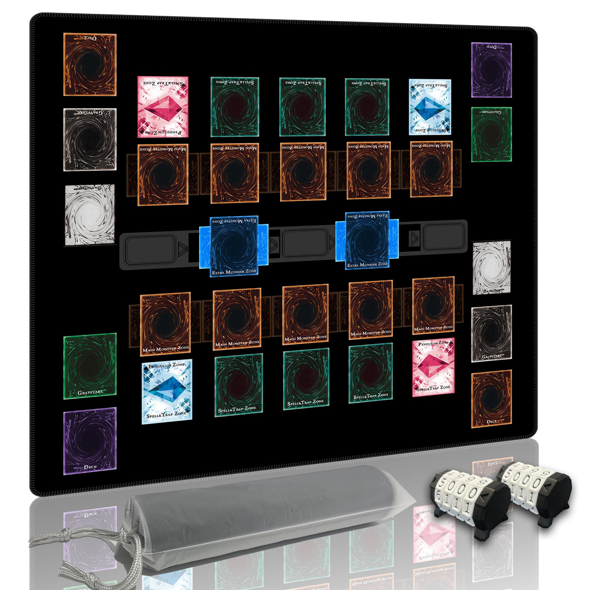 Extalas Yu-Gi-Oh stitched playmat showing duel field zones for clear play.