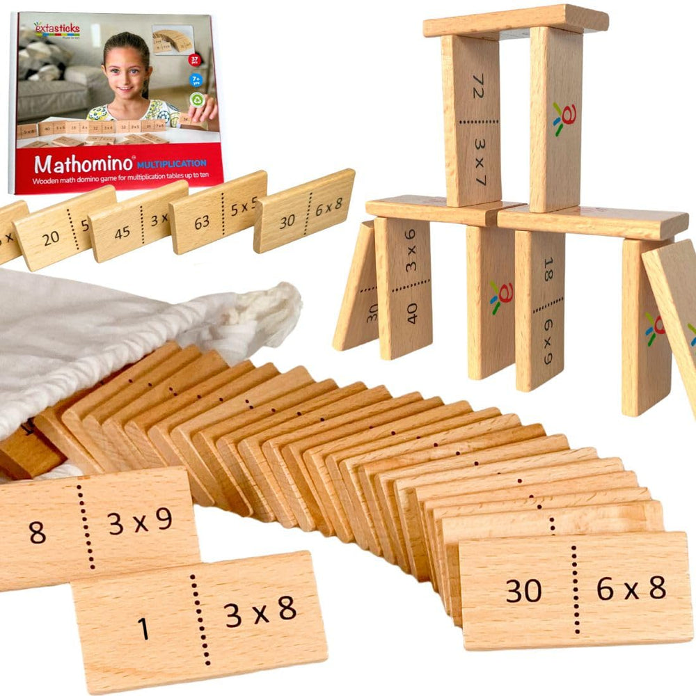 Extasticks Mathomino tiles for multiplication practice in classroom settings.