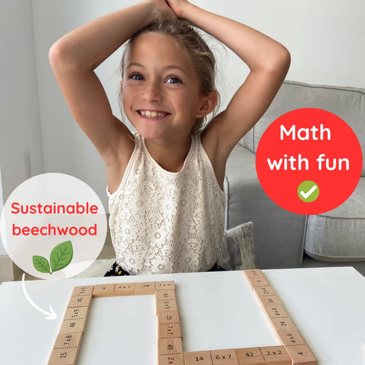 Extasticks Mathomino wooden dominoes arranged for group play and math confidence.