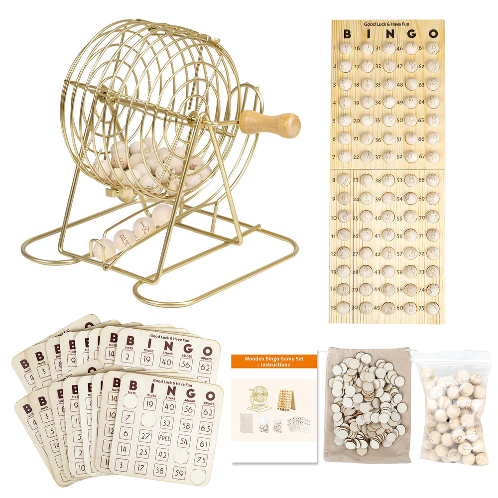 Extguds bingo cage with a durable 7-inch wooden handle for smooth draws.