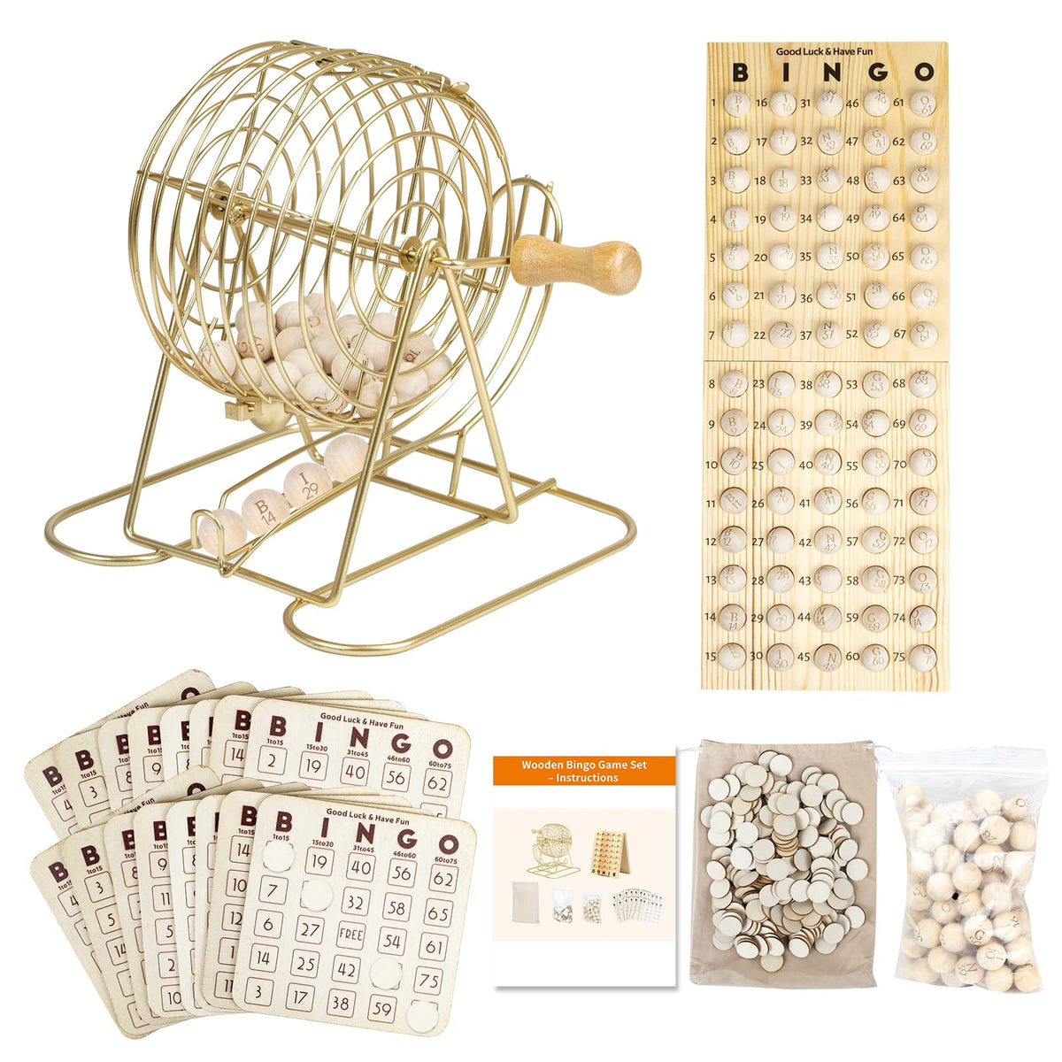 Extguds bingo cage with a durable 7-inch wooden handle for smooth draws.