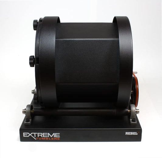 Extreme Tumblers Rebel 17 base and motor view emphasizing heavy-duty sealed bearings and stable stand.