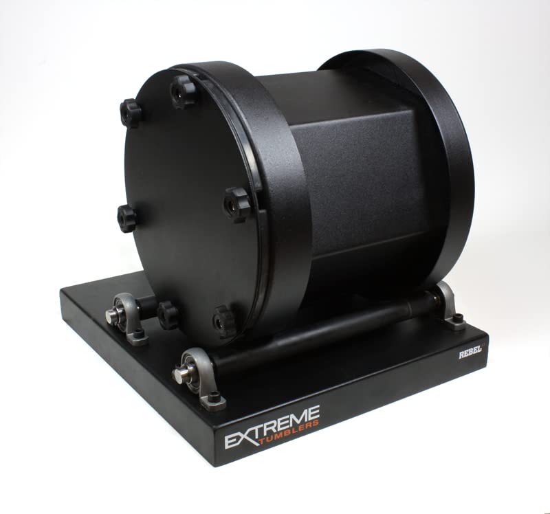 Extreme Tumblers Rebel 17 drum close-up highlighting durable rubber liner for heavy rock cleaning.