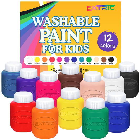 EXTRIC Washable Paint 12-color palette bottles show vibrant hues for classroom or home art.