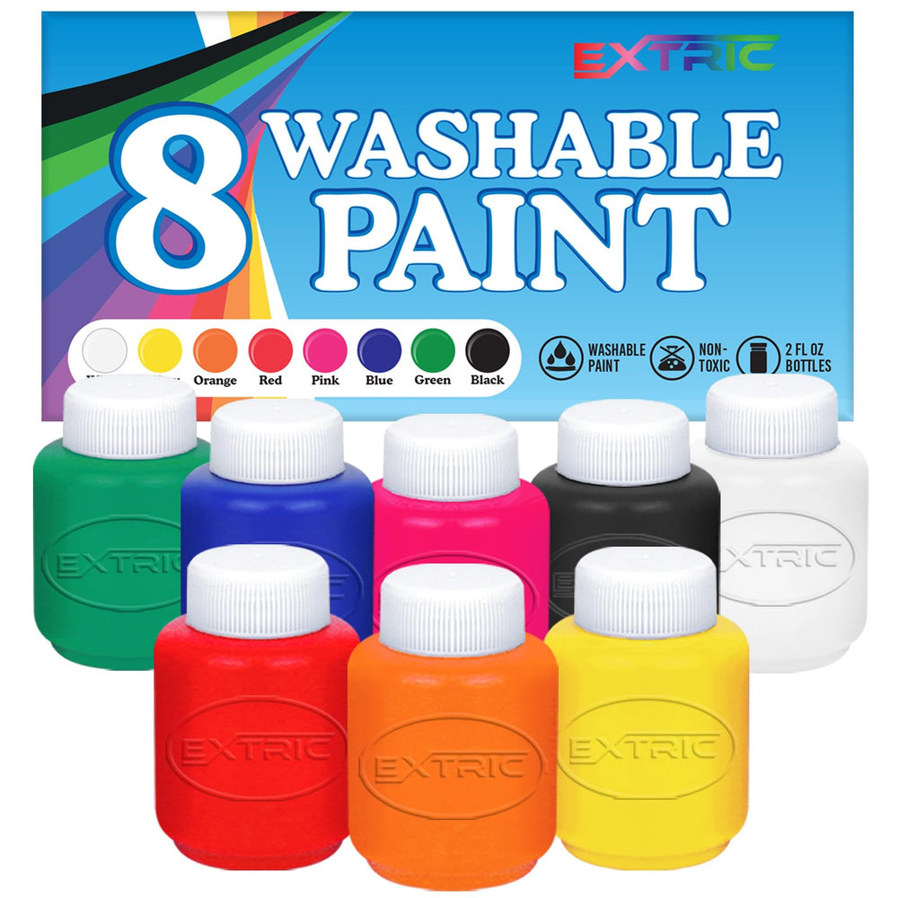 EXTRIC Washable Paint eight colors bottles show vibrant pigments for easy cleanup after playtime
