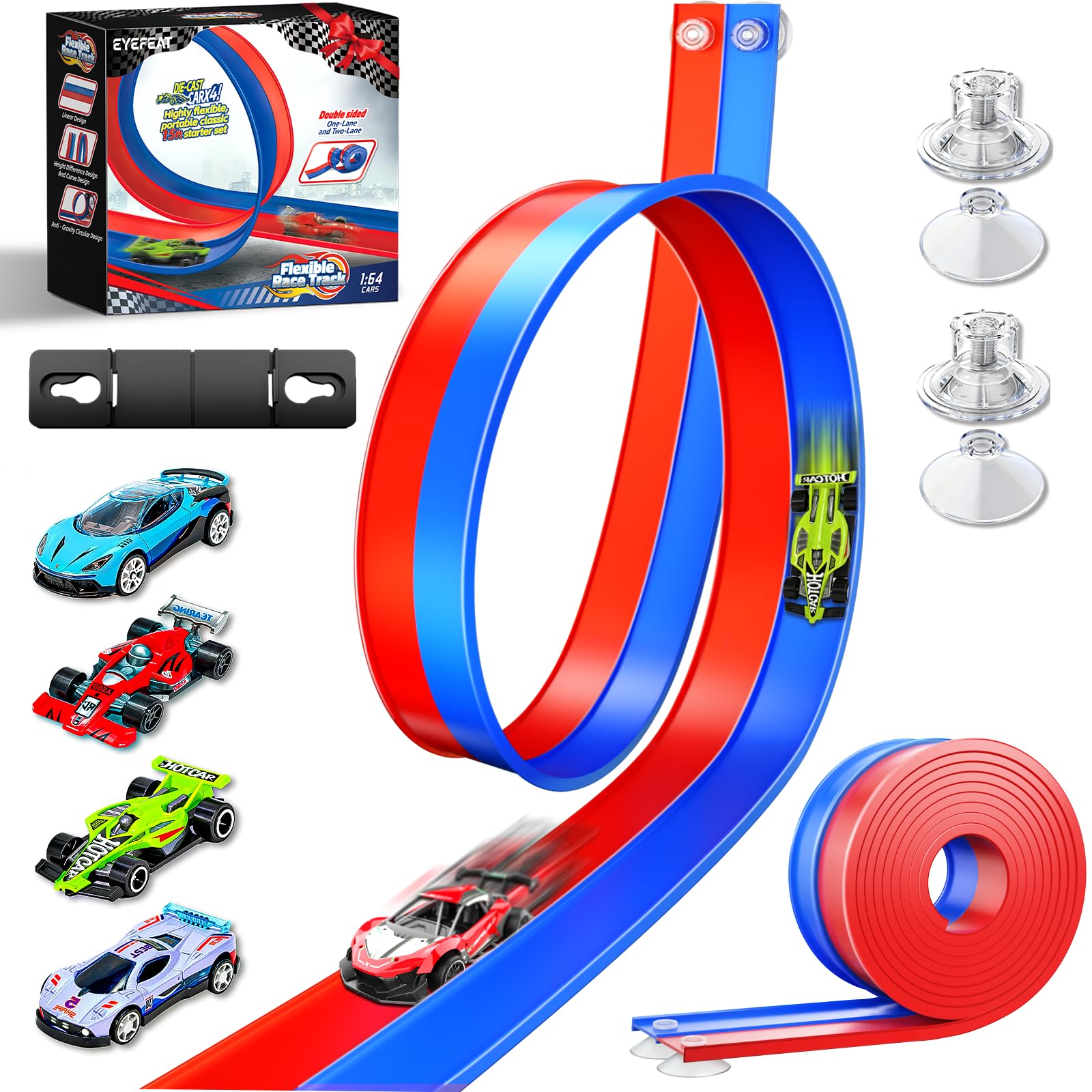 EYEFEAT 15ft flexible race track bending around a desk for varied play.