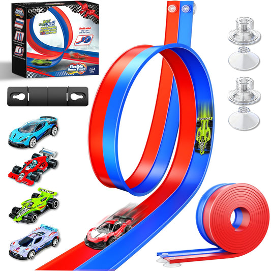 EYEFEAT 15ft flexible race track bending around a desk for varied play.