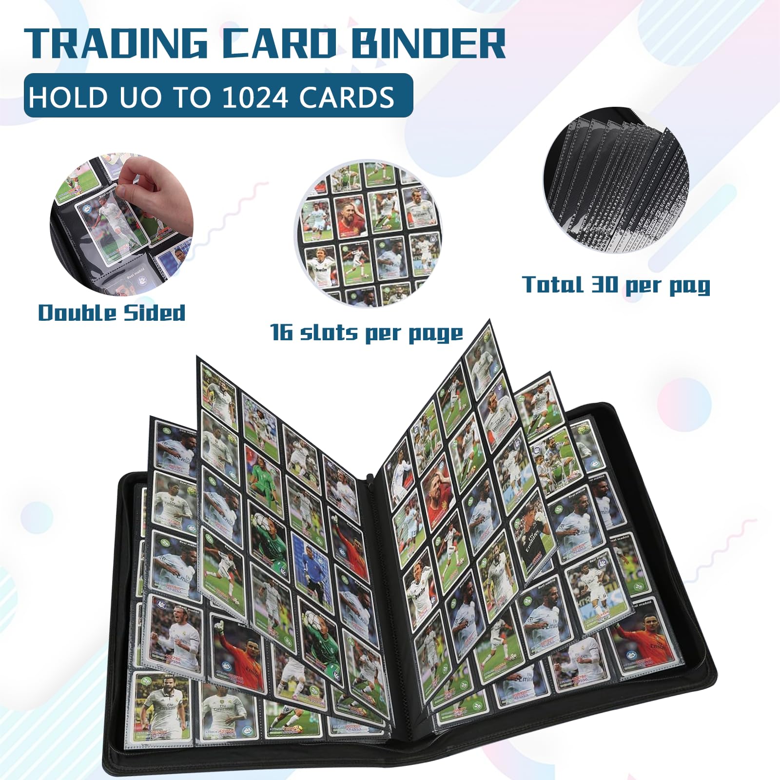 EYEGLEAM 16-pocket pages spread illustrates high capacity for collectors' cards.